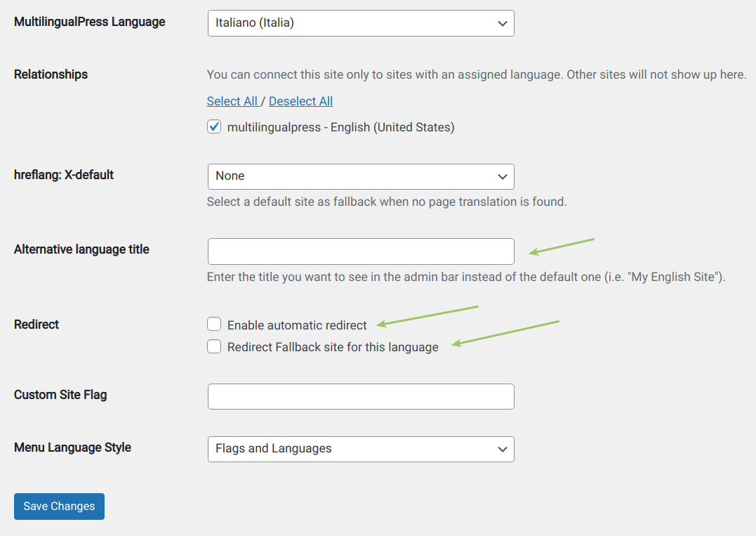 Settings for each site – Checkbox for alternative language title and checkbox for automatic redirect