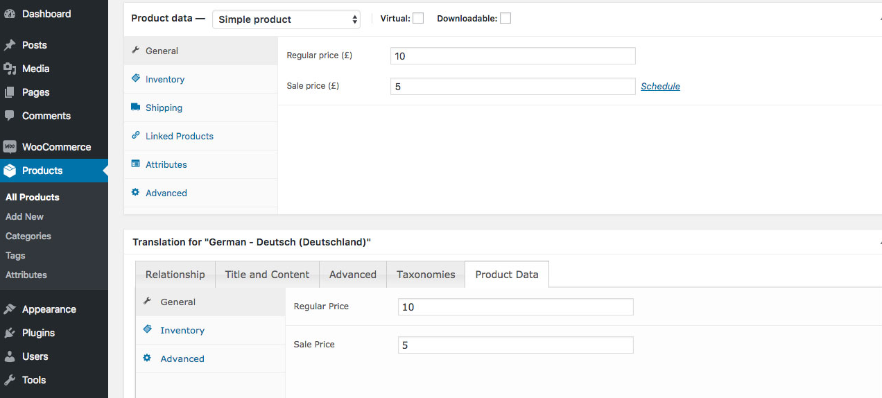 WooCommerce MultilingualPress Product Data – Simple Product, Price Settings