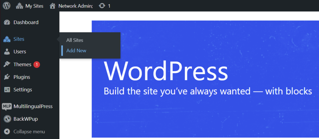 This picture shows how to add a new site on WordPress multisite