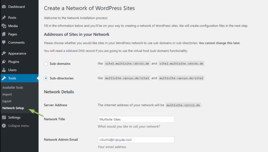 This picture shows the network setup menu on the WordPress dashboard
