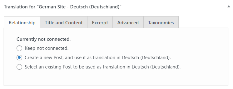 This picture shows how to set up connections and translations between content in other languages with MultilingualPress