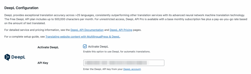 DeepL settings in MultilingualPress AutoTranslate.