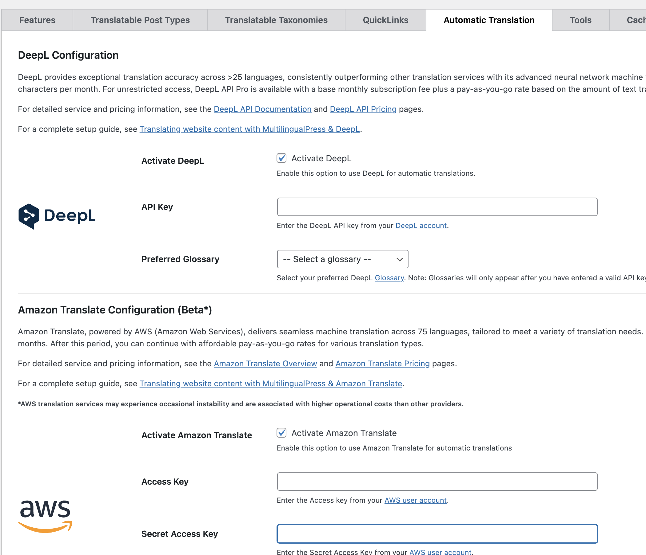AutoTranslate settings page in MultilingualPress.